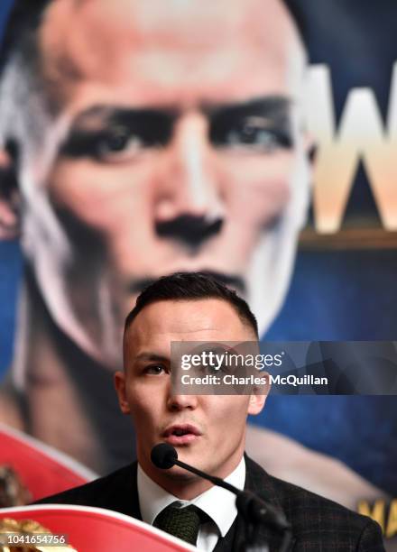 Boxer Josh Warrington speaks during a press conference at the Clayton hotel on September 27, 2018 in Belfast, Northern Ireland. Josh Warrington will...