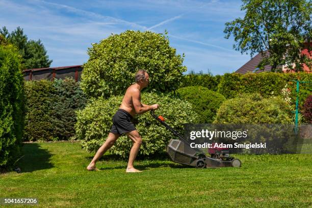 the man mows the lawn - mowed lawn stock pictures, royalty-free photos & images