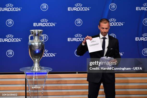 President Aleksander Ceferin announces Germany as the winners of the EURO 2024 bid during the UEFA EURO 2024 host city announcement at the UEFA...