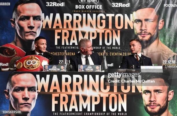 Josh Warrington and Carl Frampton react to questions from compere John Rawling during a press conference at the Clayton hotel on September 27, 2018...