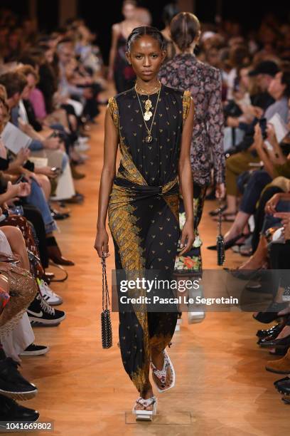 Model walks the runway during the Paco Rabanne show as part of the Paris Fashion Week Womenswear Spring/Summer 2019 at Grand Palais on September 27,...