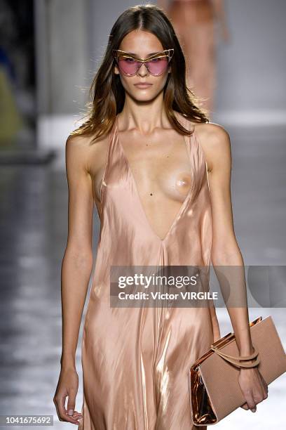 Model walks the runway at the Genny Ready to Wear fashion show during Milan Fashion Week Spring/Summer 2019 on September 20, 2018 in Milan, Italy.