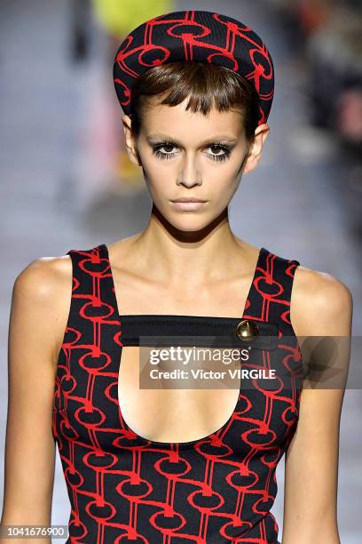 Kaia Gerber walks the runway at the Prada Ready to Wear fashion show during Milan Fashion Week Spring/Summer 2019 on September 20, 2018 in Milan,...