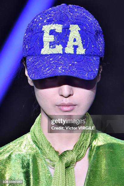 Model walks the runway at the Emporio Armani Ready to Wear fashion show during Milan Fashion Week Spring/Summer 2019 on September 20, 2018 in Milan,...