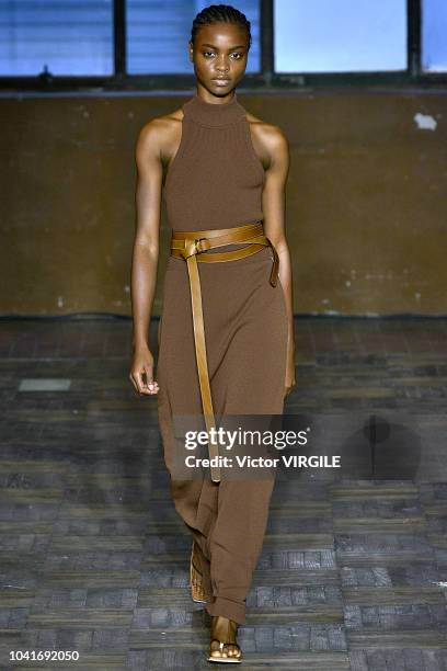 Model walks the runway at the Erika Cavallini Ready to Wear fashion show during Milan Fashion Week Spring/Summer 2019 on September 20, 2018 in Milan,...