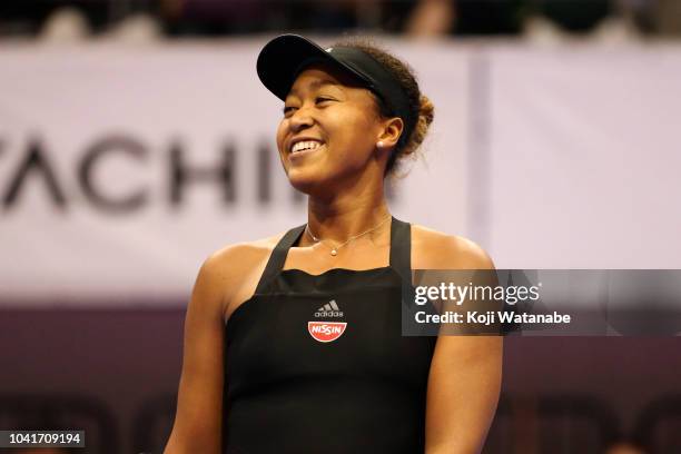 Naomi Osaka of Japan reacts in the Singles quarter final against Barbora Strycova of the Czech Republic on day five of the Toray Pan Pacific Open at...