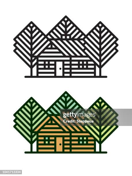 log cabin vector line icon - hut logo stock illustrations