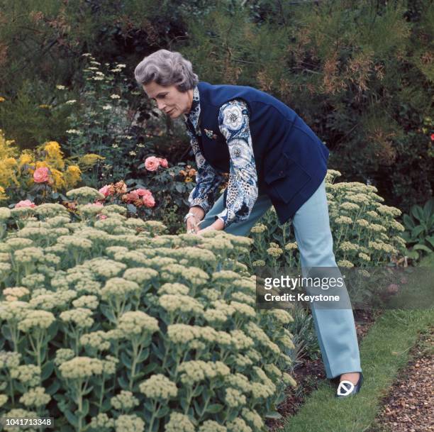 British broadcaster Lady Isobel Barnett working in her garden, circa 1975.
