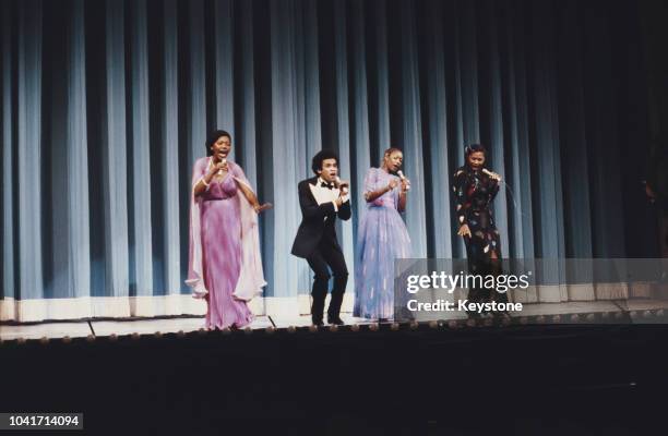 Vocal group Boney M. In concert at the Royal Variety Performance, London, UK, November 1979. They are Marcia Barrett, Maizie Williams, Bobby Farrell...