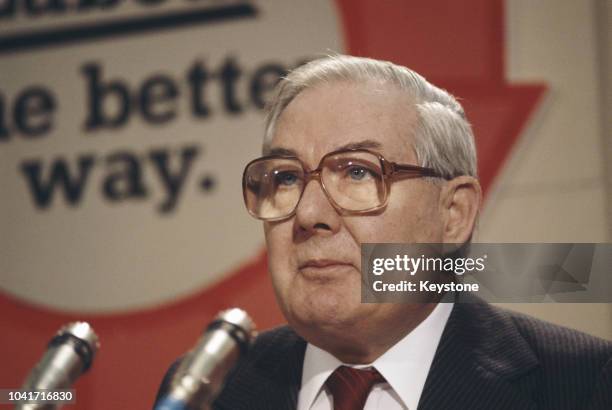 British politician James Callaghan at the Labour Party Conference in Brighton, UK, 1975.