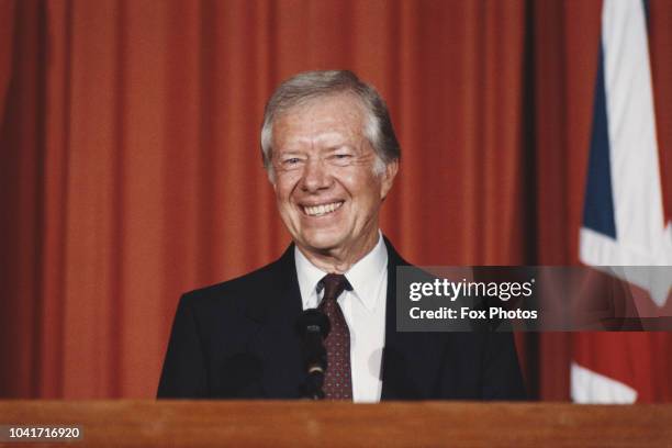 Former US President Jimmy Carter holds a press conference at the American Embassy in London, UK, 27th January 1986.
