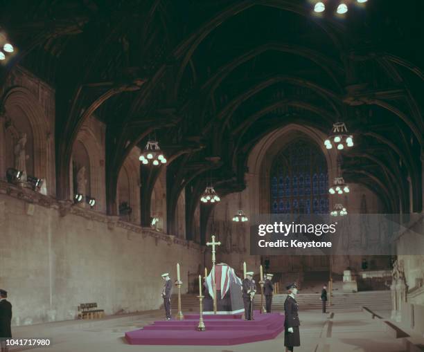 The lying-in-state of former Prime Minister Winston Churchill in Westminster Hall, London, January 1965.