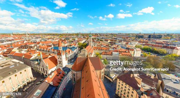 aerial view of the new town hall and marienplatz before sunset, munich city, bavaria, germany. - munich aerial stock pictures, royalty-free photos & images