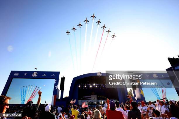 The Patrouille de France fly over during the opening ceremony for the 2018 Ryder Cup at Le Golf National on September 27, 2018 in Paris, France.