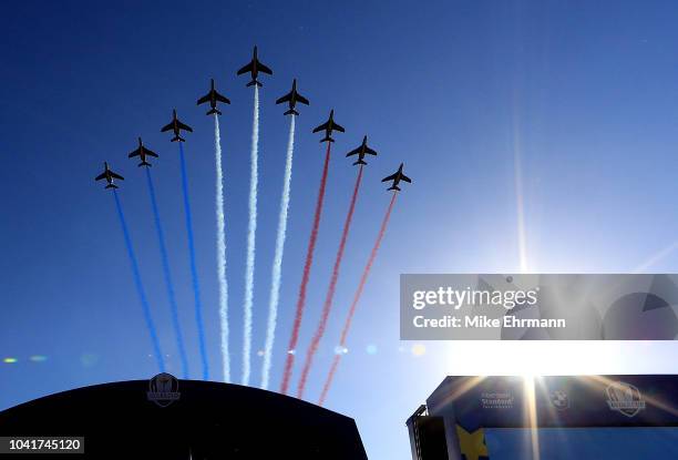 The Patrouille de France fly over during the opening ceremony for the 2018 Ryder Cup at Le Golf National on September 27, 2018 in Paris, France.