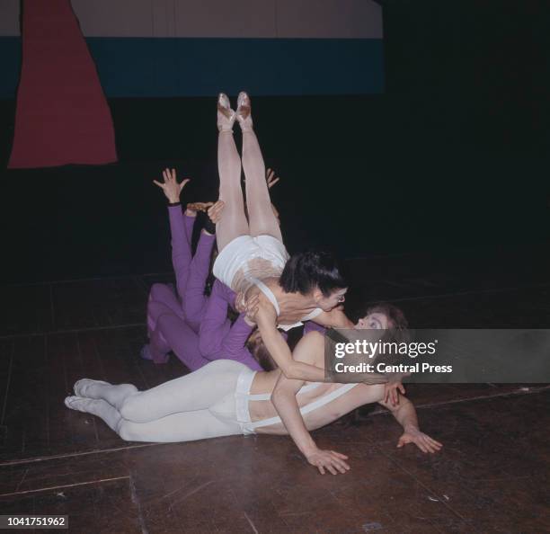 English ballerina Margot Fonteyn and Russian ballet dancer Rudolf Nureyev rehearse Roland Petit's ballet 'Paradise Lost' at the Royal Opera House in...