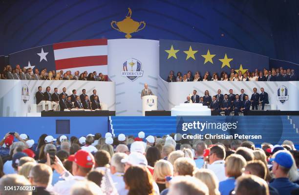 Captain Jim Furyk of the United States speaks during the opening ceremony for the 2018 Ryder Cup at Le Golf National on September 27, 2018 in Paris,...