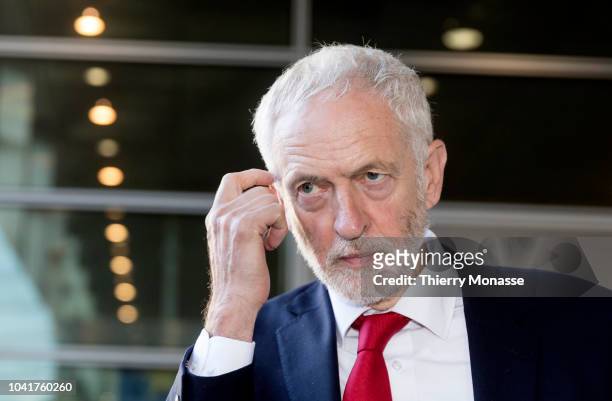 Leader of the British Opposition Jeremy Corbyn is talking to media after a bilateral meeting with the European Chief Negotiator for the United...