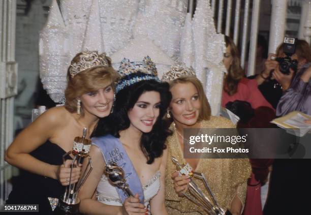 Astrid Carolina Herrera, Miss Venezuela, wins the Miss World 1984 contest at the Royal Albert Hall in London, 15th November 1984. On either side of...