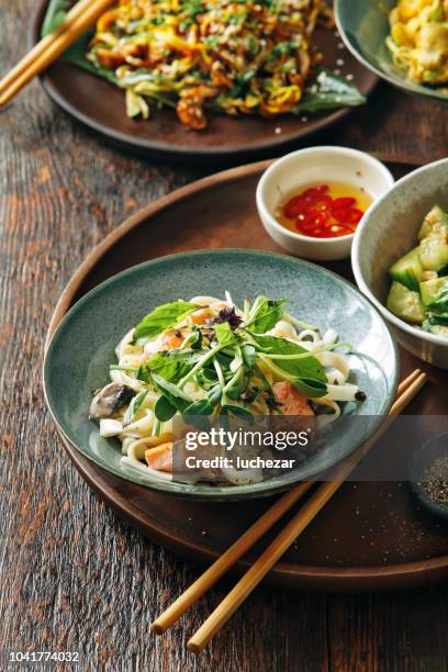 udon-nudeln mit lachs - noodle bar stock-fotos und bilder