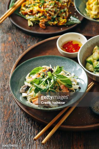 udon noedels met zalm - chinese noodles stockfoto's en -beelden