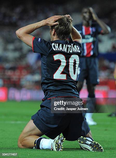 Clement Chantome of Paris Saint Germain reacts as he fails to score during the UEFA Europa League group J match between Sevilla and Paris Saint...