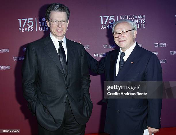 Paul-Bernhard Kallen and publisher Hubert Burda arrive for the Bertelsmann 175 years celebration ceremonial act at the Konzerthaus am Gendarmenmarkt...