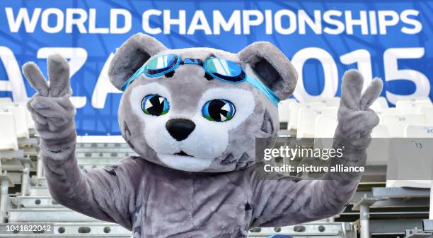 Mascot Itil poses on the viewing stands of the Water Polo Arena during the 16th FINA Swimming World Championships in Kazan, Russia, 26 July 2015....