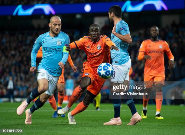 David Silva of Manchester City and Ferland Mendy of Olympique Lyonnais in action during the Group F match of the UEFA Champions League between...