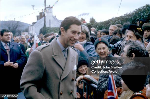 Prince Charles, Prince of Wales, and Diana, Princess of Wales, visit West Wales, Walkabout at Neuadd Pendre Hall, Brook Street, Tywyn, Diana's coat...