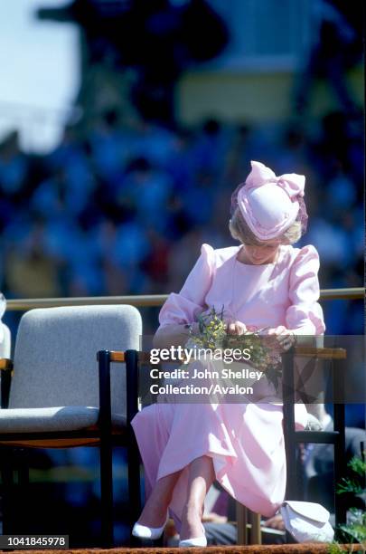 Prince Charles, Prince of Wales, and Diana, Princess of Wales, visit Australia, At Maitland, New South Wales, Diana is wearing a dress by Catherine...