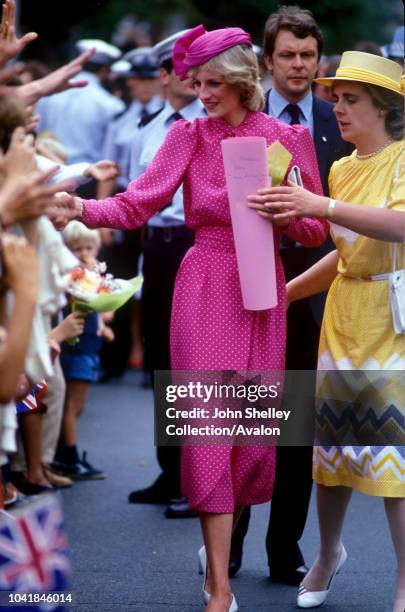 Prince Charles, Prince of Wales, and Diana, Princess of Wales, visit Australia, Perth, Western Australia, Diana is wearing a dress by Donald Campbell...
