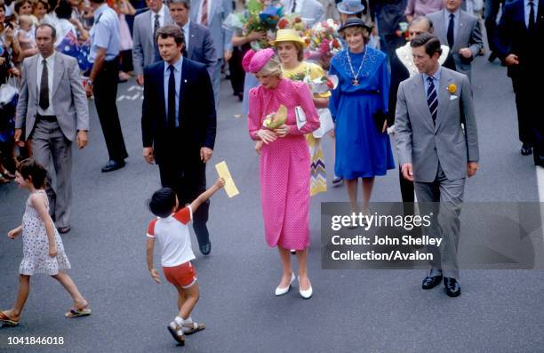 Prince Charles, Prince of Wales, and Diana, Princess of Wales, visit Australia, Perth, Western Australia, Diana is wearing a dress by Donald Campbell...