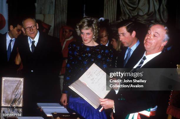 Prince Charles, Prince of Wales, and Diana, Princess of Wales, visit Italy, Florence, Diana is wearing an outfit by designer Jacques Azagury, 23rd...