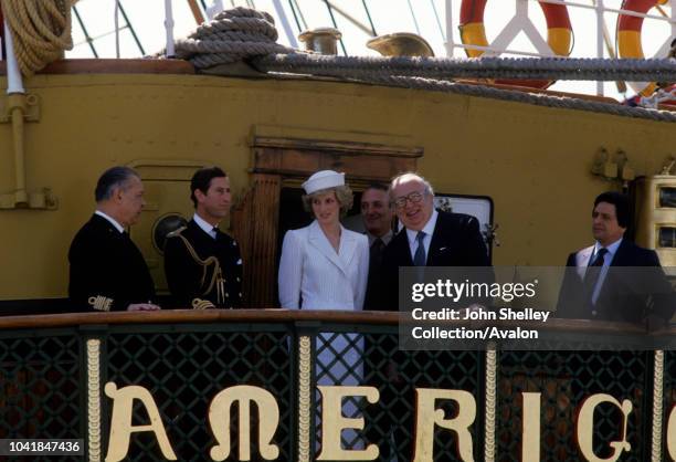 Prince Charles, Prince of Wales, and Diana, Princess of Wales, visit La Spezia during their tour of Italy, Aboard the tall ship Amerigo Vespucci in...