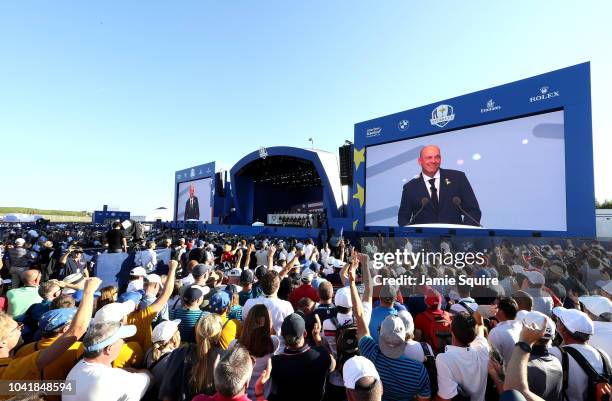 Captain Thomas Bjorn of Europe speaks during the opening ceremony for the 2018 Ryder Cup at Le Golf National on September 27, 2018 in Paris, France.
