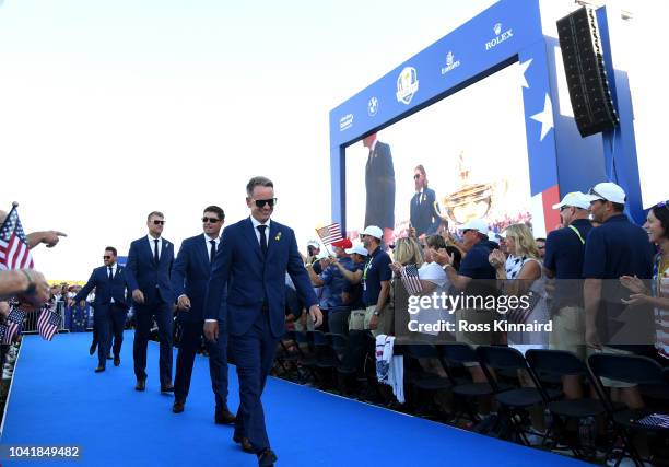 Luke Donald of Europe and fellow vice- captains arrive during the opening ceremony for the 2018 Ryder Cup at Le Golf National on September 27, 2018...