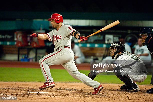 Placido Polanco of the Philadelphia Phillies bats during a MLB game against the Florida Marlins at Sun Life Stadium on September 14, 2010 in Miami,...