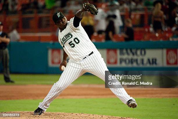 Jose Ceda of the Florida Marlins pitches during a MLB game against the Philadelphia Phillies at Sun Life Stadium on September 13, 2010 in Miami,...