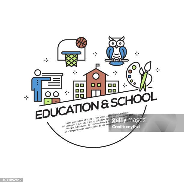 school concept flat line icons - school logo stock illustrations