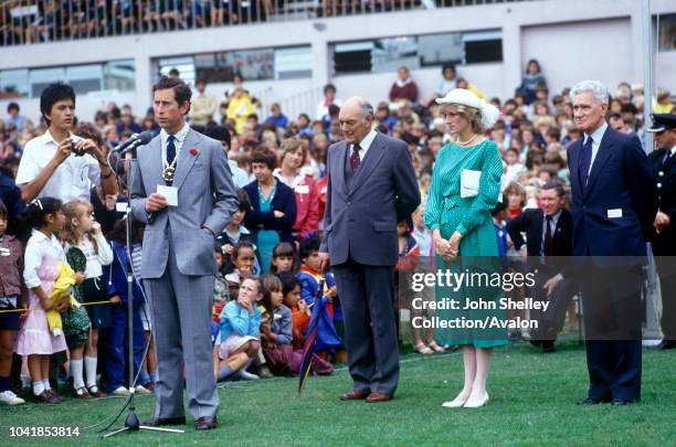 Prince Charles, Prince of Wales, and Diana, Princess of Wales, are officially welcomed to New Zealand at Eden Park, Auckland, 18th April 1983.