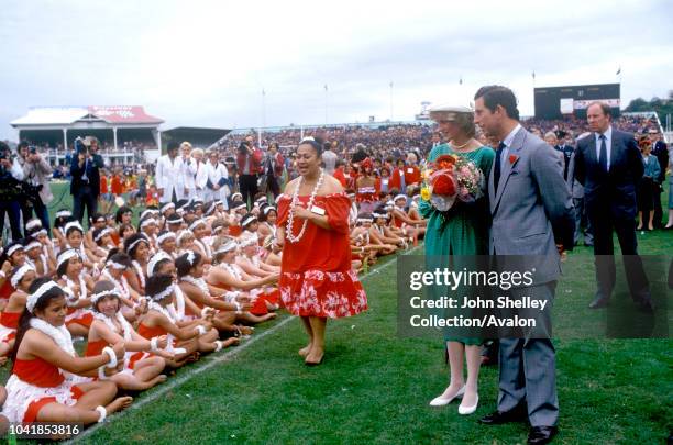 Prince Charles, Prince of Wales, and Diana, Princess of Wales, are officially welcomed to New Zealand at Eden Park, Auckland, 18th April 1983.