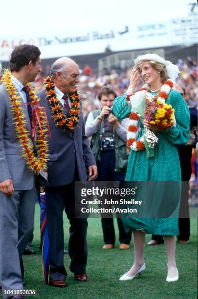 Prince Charles, Prince of Wales, and Diana, Princess of Wales, are officially welcomed to New Zealand at Eden Park, Auckland, 18th April 1983.