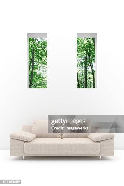 sofa against white wall with windows, indoors - white couch stock illustrations