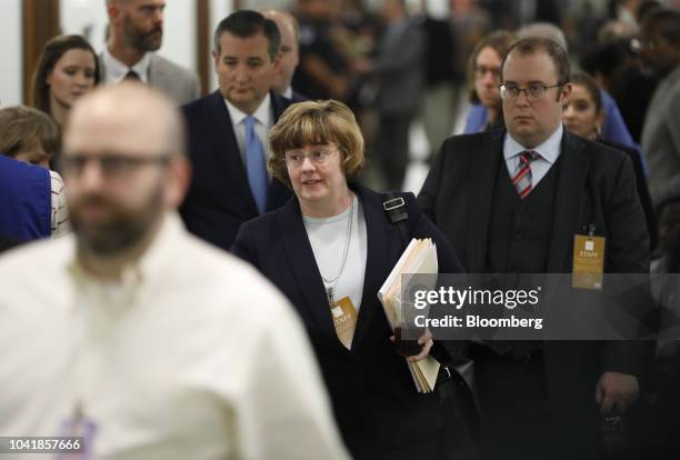 Rachel Mitchell, a Republican prosecutor from Arizona, arrives back for a Senate Judiciary Committee hearing in Washington, D.C., U.S., on Thursday,...