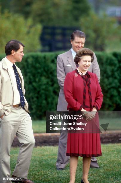 Queen Elizabeth II visits a horse farm in Kentucky, USA, 10th October 1984.