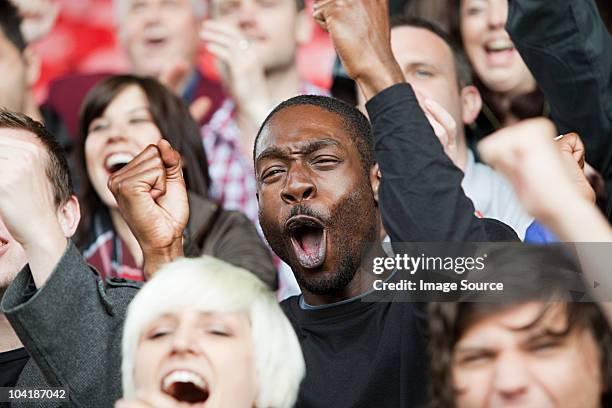 cheering man at football match - cheering crowd stockfoto's en -beelden