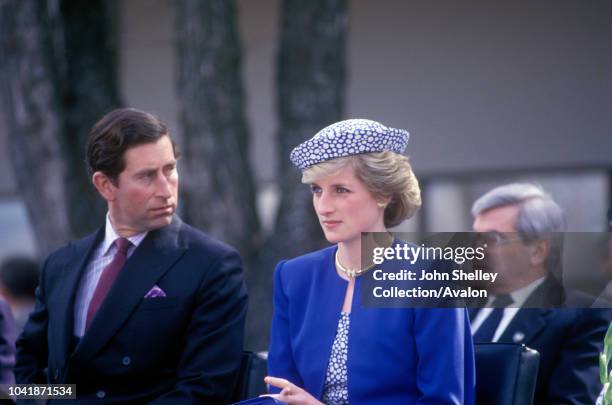 Charles, Prince of Wales, and Diana, Princess of Wales, visit Canada, Diana is wearing a Catherine Walker suit and a hat by Graham Smith at Kangol,...