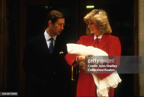 Prince Harry is born at the Lindo Wing of St Mary's Hospital, London, UK, Charles, Prince of Wales, and Diana, Princess of Wales, leave the hospital...