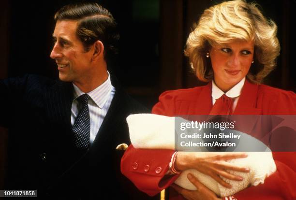 Prince Harry is born at the Lindo Wing of St Mary's Hospital, London, UK, Charles, Prince of Wales, and Diana, Princess of Wales, leave the hospital...